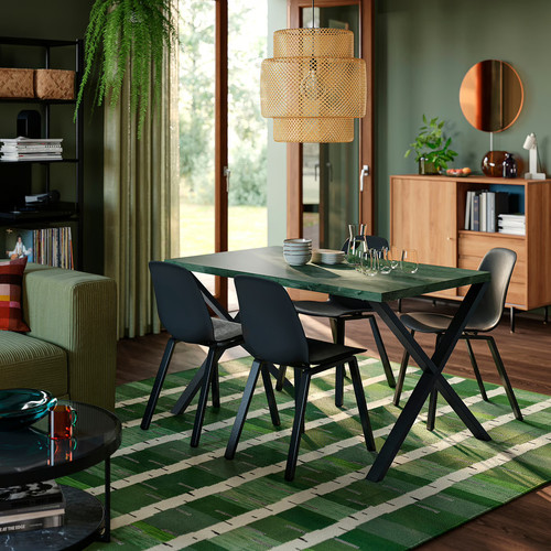 SKÅLSTA Table, dark grey-green marble effect/X-shaped black-grey, 140x80 cm
