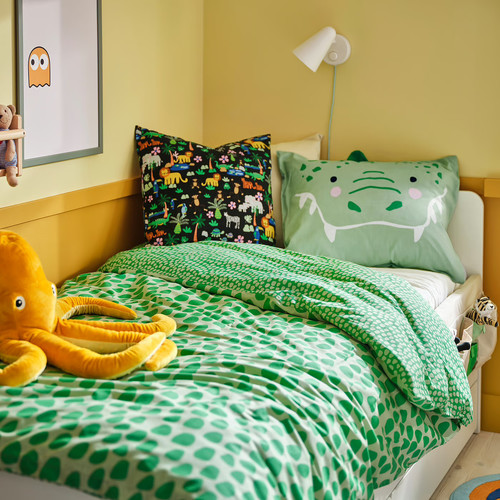 NATTHÄGER Duvet cover and pillowcase, green/crocodile, 150x200/50x60 cm