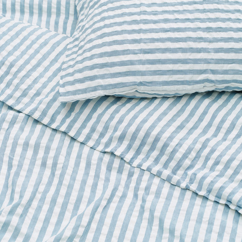 SMÅNUNNEÖRT Duvet cover and pillowcase, dark grey-blue white/striped, 150x200/50x60 cm