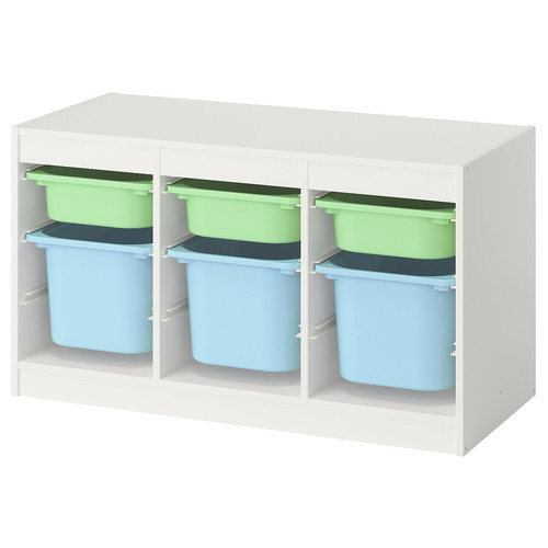 TROFAST Storage combination with boxes, white light green/light blue, 99x44x56 cm