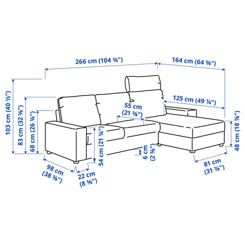 VIMLE 3-seat sofa with chaise longue, with headrest with wide armrests/Gunnared medium grey