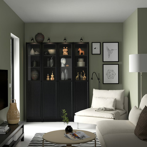 BILLY / OXBERG Bookcase comb w panel/glass doors, black oak effect, 160x202 cm