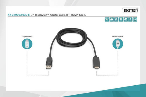 Digitus DisplayPort Adapter Cable, DP - HDMI type A 3m, black
