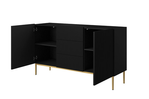 Cabinet with 2 Doors & 3 Drawers Nicole 150cm, matt black/gold legs