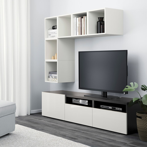 BESTÅ / EKET TV storage combination, white/black-brown, high-gloss/white, 180x40x170 cm