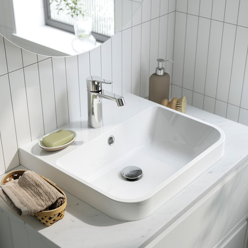 ÄNGSJÖN / BACKSJÖN Wash-stand/wash-basin/tap, high-gloss white/oak effect/white marble effect, 102x49x41 cm