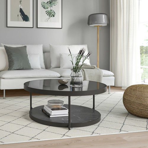 FRÖTORP Coffee table, anthracite marble effect/black glass, 88 cm