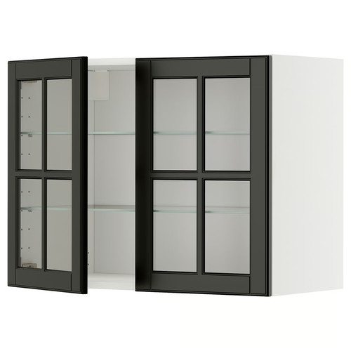METOD Wall cabinet w shelves/2 glass drs, white/Bodbyn black, 80x60 cm