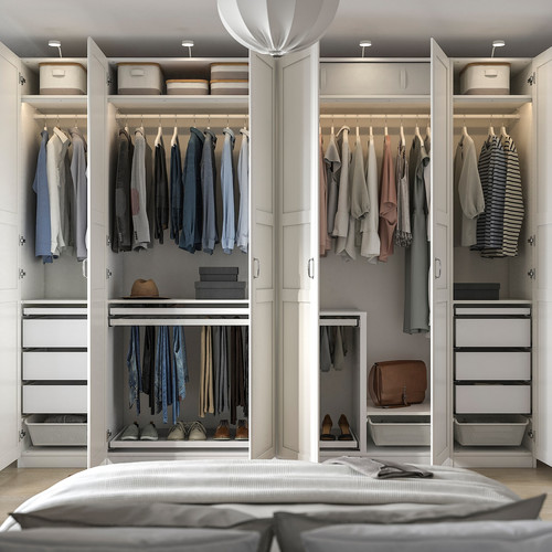 SKYTTA / PAX Walk-in wardrobe with sliding doors, white Hokksund/high-gloss light grey, 301x160x240 cm