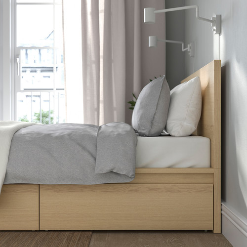 MALM Bed frame, high, w 2 storage boxes, white stained oak veneer/Lindbåden, 140x200 cm