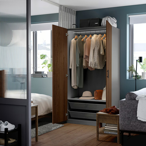 PAX / BJÖRNESKOGEN Wardrobe combination, dark grey/walnut veneer, 100x60x201 cm
