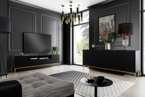 TV Cabinet Nicole 200cm, matt black, gold legs