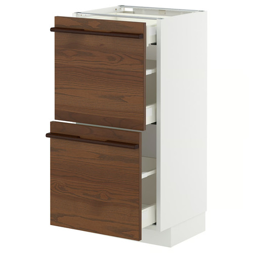 METOD / MAXIMERA Base cab with 2 fronts/3 drawers, white/Stensta dark brown ash veneer, 40x37 cm