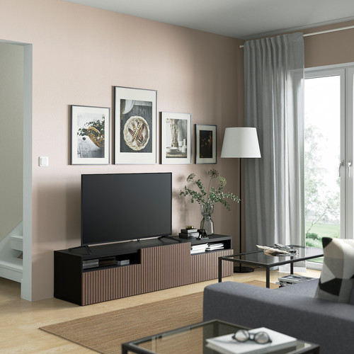 BESTÅ TV bench with drawers and door, black-brown Björköviken/brown stained oak veneer, 180x42x39 cm