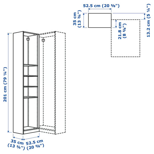 PAX Add-on corner unit with 4 shelves, white, 53x35x201 cm