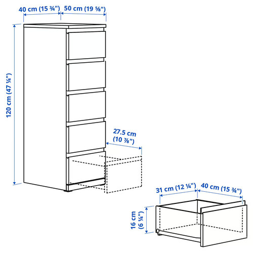 STORKLINTA Chest of 5 drawers, white, 40x50x120 cm