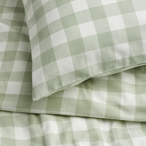 EKTANDVINGE Duvet cover and pillowcase, pale grey-green white/check, 150x200/50x60 cm
