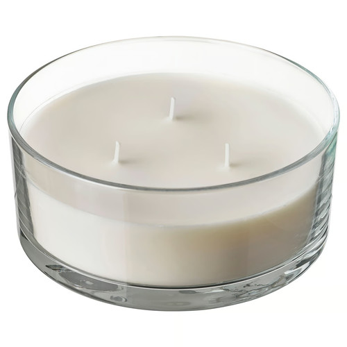 LOTSFÅGEL Scented candle in glass, 3 wicks, Vanilla pale beige, 25 hr