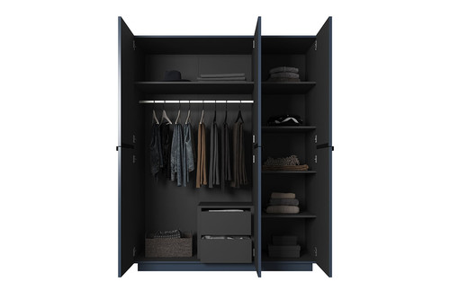 Wardrobe with Drawer Unit Nicole 150 cm, dark blue, black handles