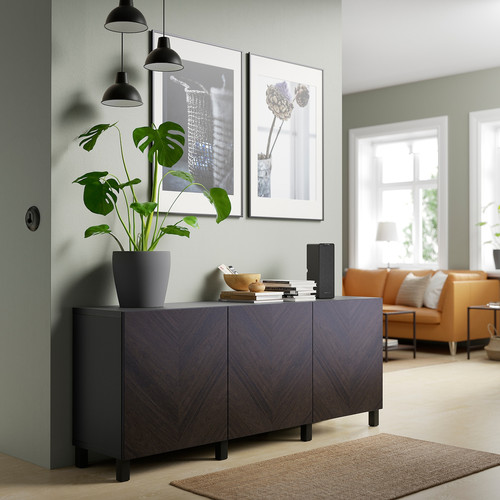 BESTÅ Storage combination with doors, black-brown Hedeviken/Stubbarp/dark brown stained oak veneer, 180x42x74 cm