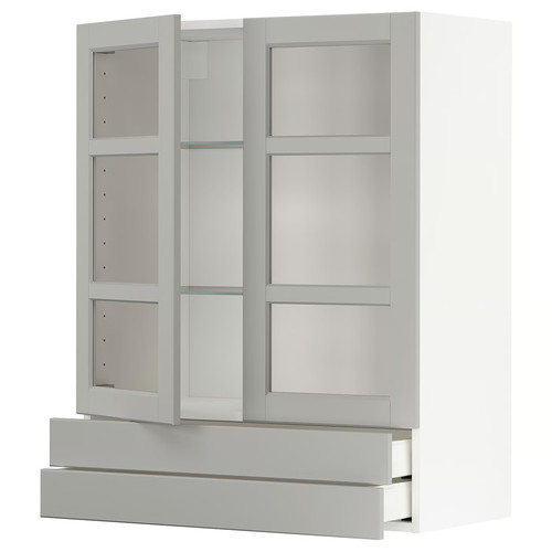 METOD / MAXIMERA wall cab w 2 glass doors/2 drawers, white/Lerhyttan light grey, 80x100 cm