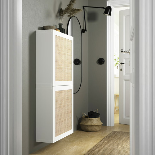 BESTÅ Wall cabinet with 2 doors, white Studsviken/white woven poplar, 60x22x128 cm