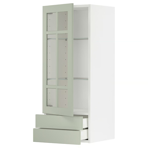 METOD / MAXIMERA Wall cabinet w glass door/2 drawers, white/Stensund light green, 40x100 cm