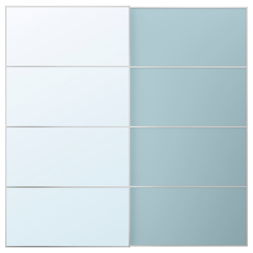 MEHAMN/AULI Pair of sliding doors, aluminium double sided/light blue mirror glass, 200x201 cm