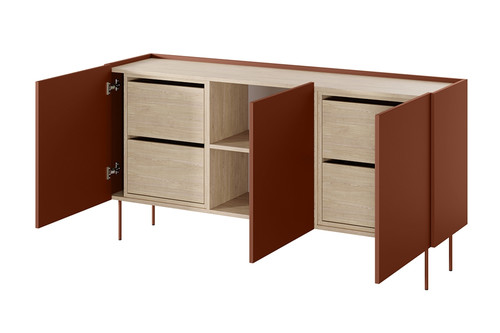 Three-Door Cabinet with Drawers Desin 170, ceramic red/nagano oak