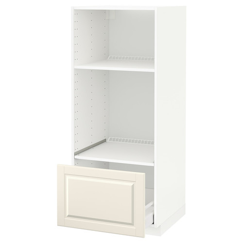 METOD / MAXIMERA High cab for oven/micro w drawer, white/Bodbyn off-white, 60x60x140 cm