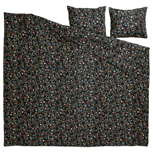 BRUDKRUSBÄR Duvet cover and 2 pillowcases, black multicolour/floral pattern, 200x200/50x60 cm