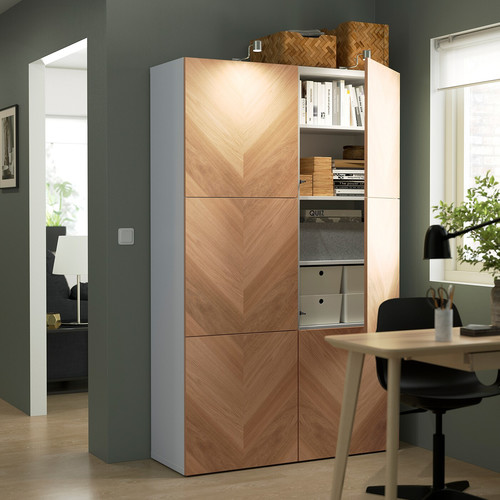 BESTÅ Storage combination with doors, white, Hedeviken oak veneer, 120x42x193 cm