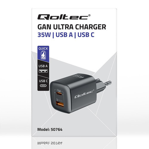 Qoltec Wall Charger EU Plug GaN ULTRA 35W 5V 20V, 2.25A 3A, USB C