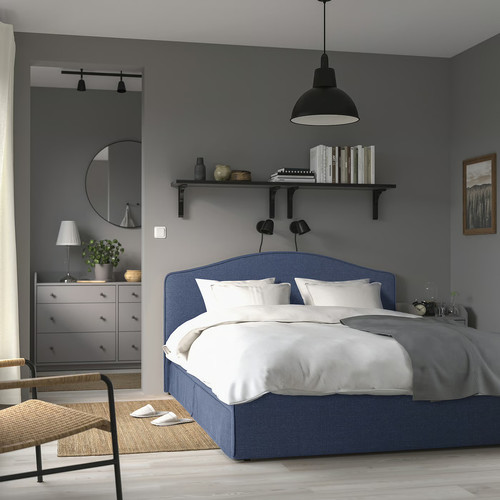 RAMNEFJÄLL Upholstered bed frame, Kilanda dark blue/Luröy, 160x200 cm