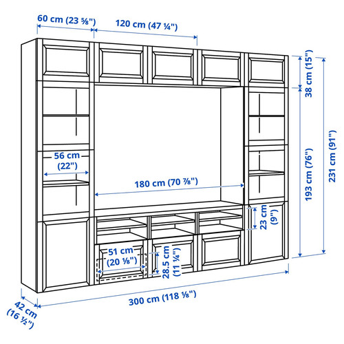 BESTÅ TV storage combination/glass doors, white Sutterviken/Sindvik white clear glass, 300x42x231 cm