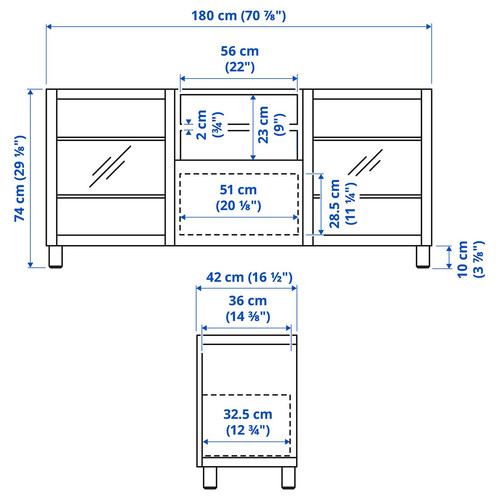 BESTÅ TV bench with drawers, white/Sutterviken/Kabbarp white clear glass, 180x42x74 cm