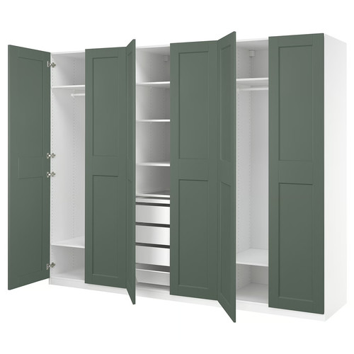 PAX / GRIMO Wardrobe combination, white/grey-green, 300x60x236 cm