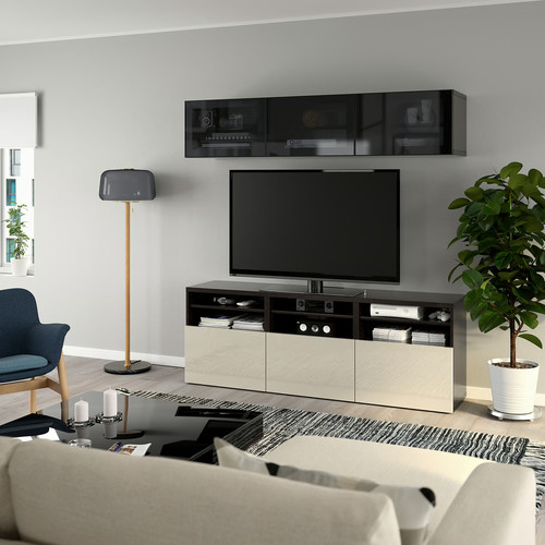 BESTÅ TV storage combination/glass doors, black-brown, 180x42x192 cm