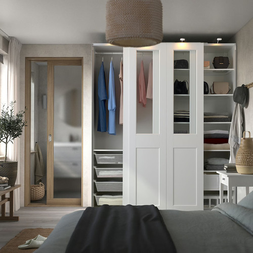 PAX / GRIMO Wardrobe with sliding doors, white/clear glass white, 200x66x236 cm