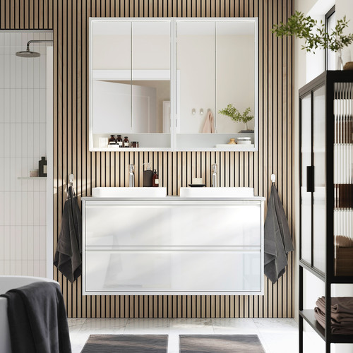 ÄNGSJÖN / BACKSJÖN Wash-stnd w drawers/wash-basin/taps, high-gloss white/grey stone effect, 122x49x71 cm