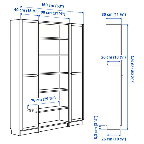 BILLY / OXBERG Bookcase comb w glass doors, brown walnut effect, 160x202 cm