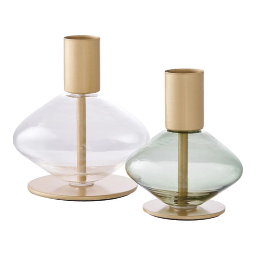 Set of Two Metal and Glass Candle Holders, gold/glass