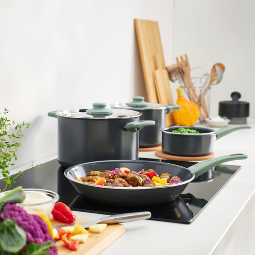 HEMLAGAD 6-piece cookware set, non-stick coating light grey-green/grey