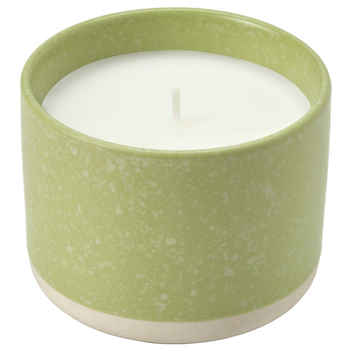 LÖVSKOGSLUND Scented candle in ceramic jar, Apple/bright beige-yellow, 25 hr