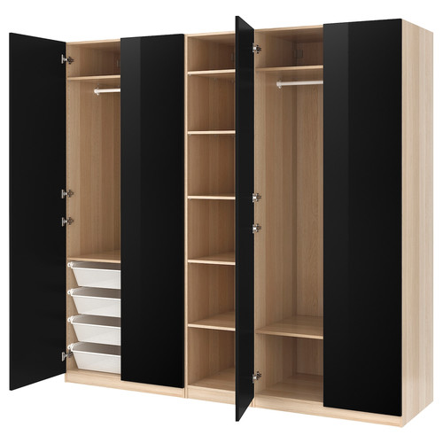 FARDAL/PAX Wardrobe combination, white stained oak effect/high-gloss/black, 250x60x236 cm