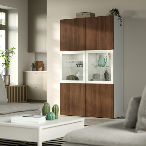 BESTÅ Storage combination w glass doors, white Lappviken/Sindvik walnut effect, 120x42x193 cm