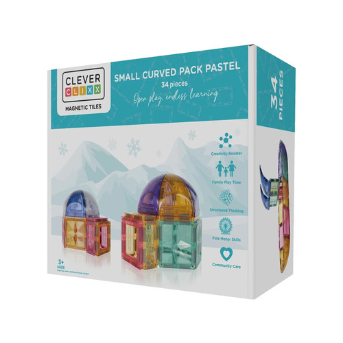 Cleverclixx Magnetic Tiles Small Curved Pack Pastel - 34 pieces, 3+
