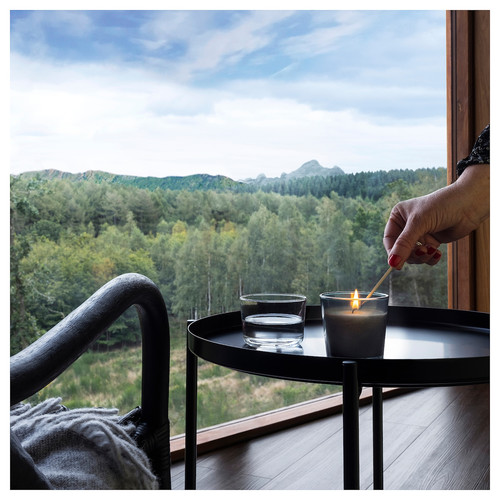 PÄRONTRÄD Scented candle in glass with lid, Mountain air/turquoise, 25 hr