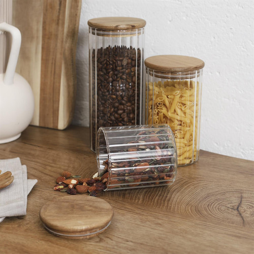 Glass Storage Jar, fluted, acacia lid