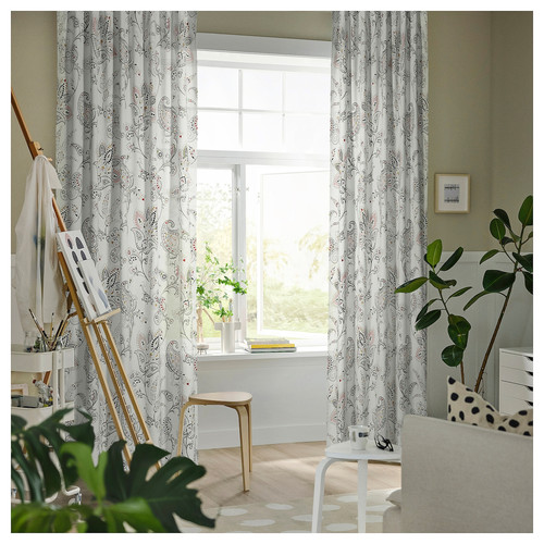 PUSSMUN Curtains, 1 pair, white/multicolour, 145x300 cm